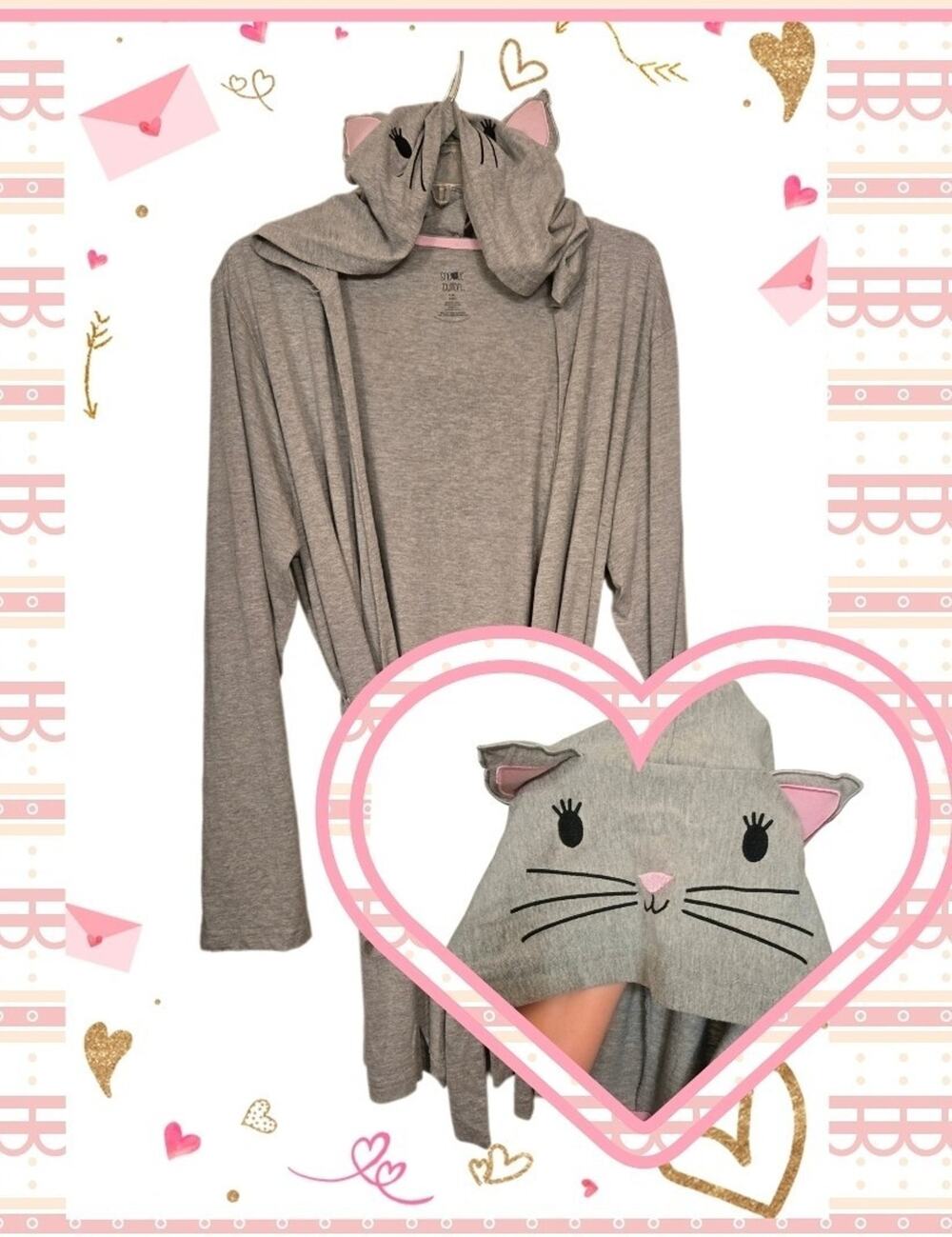 Adorable SNOOZE BUTTON Cozy Robe with Cat Hood / Hoodie & Belt - Women's L / XL